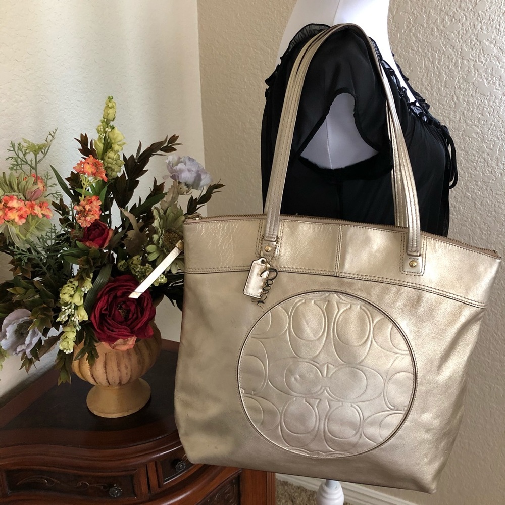 Coach Gold Leather Laura Embossed C Tote Bag - Picture 2 of 15